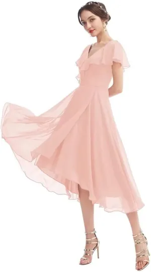 HEWEIGUI Chiffon Bridesmaid Dress for Women V Neck Short Sleeves Formal Cocktail Party Dress with Pockets