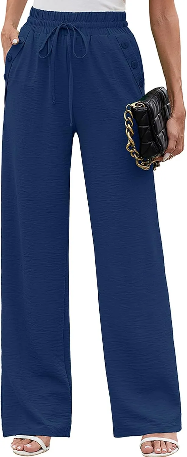 Heymoments Women's Wide Leg Lounge Pants Lightweight High Waisted Adjustable Tie Knot Loose Fit Trousers with Pockets