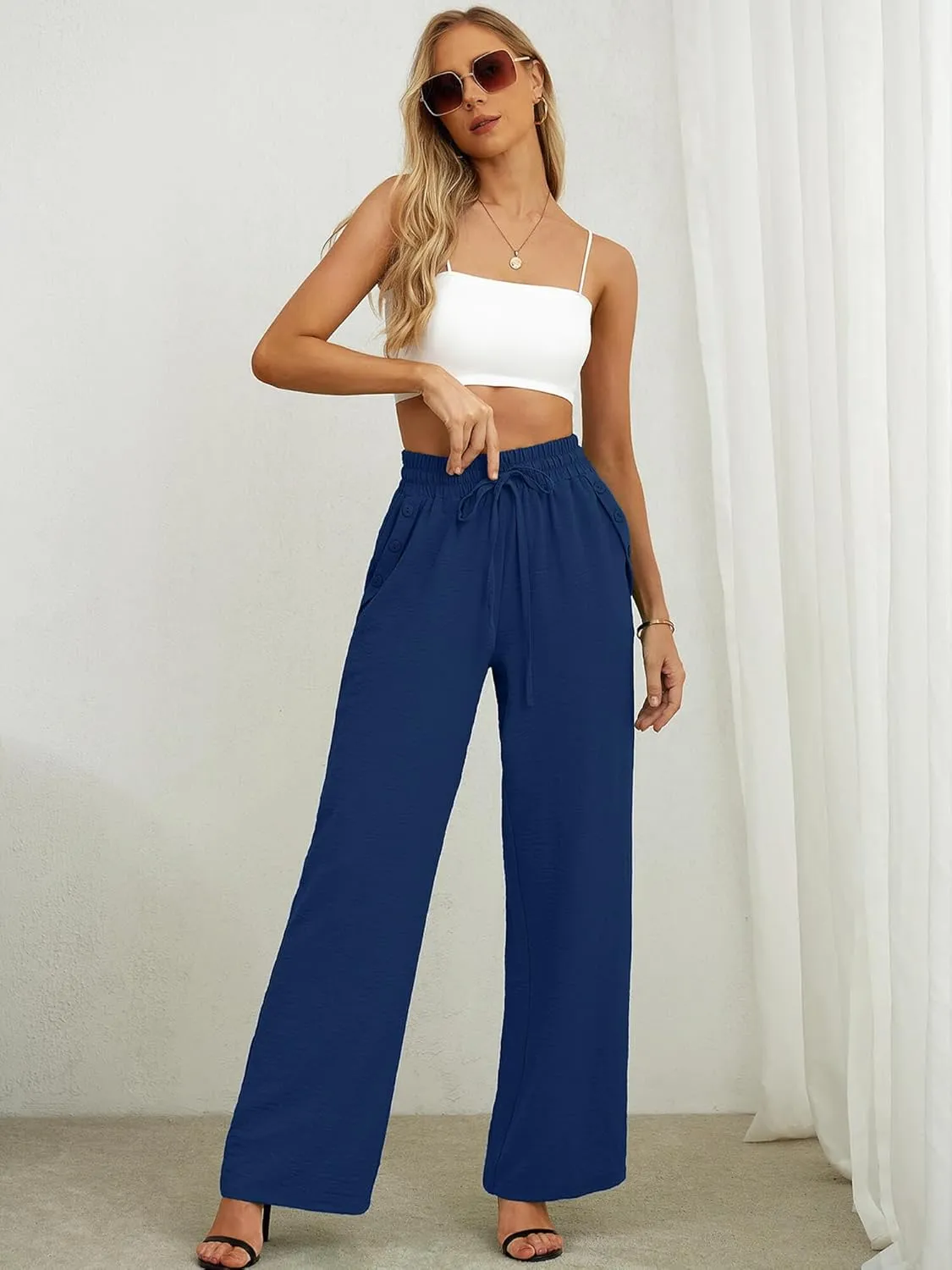 Heymoments Women's Wide Leg Lounge Pants Lightweight High Waisted Adjustable Tie Knot Loose Fit Trousers with Pockets