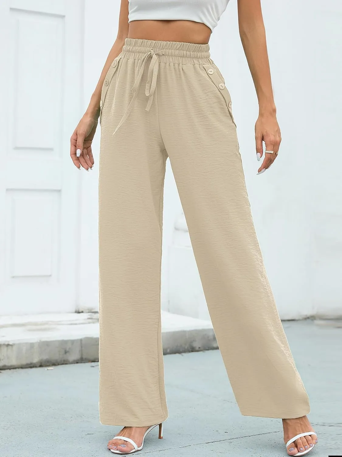 Heymoments Women's Wide Leg Lounge Pants Lightweight High Waisted Adjustable Tie Knot Loose Fit Trousers with Pockets