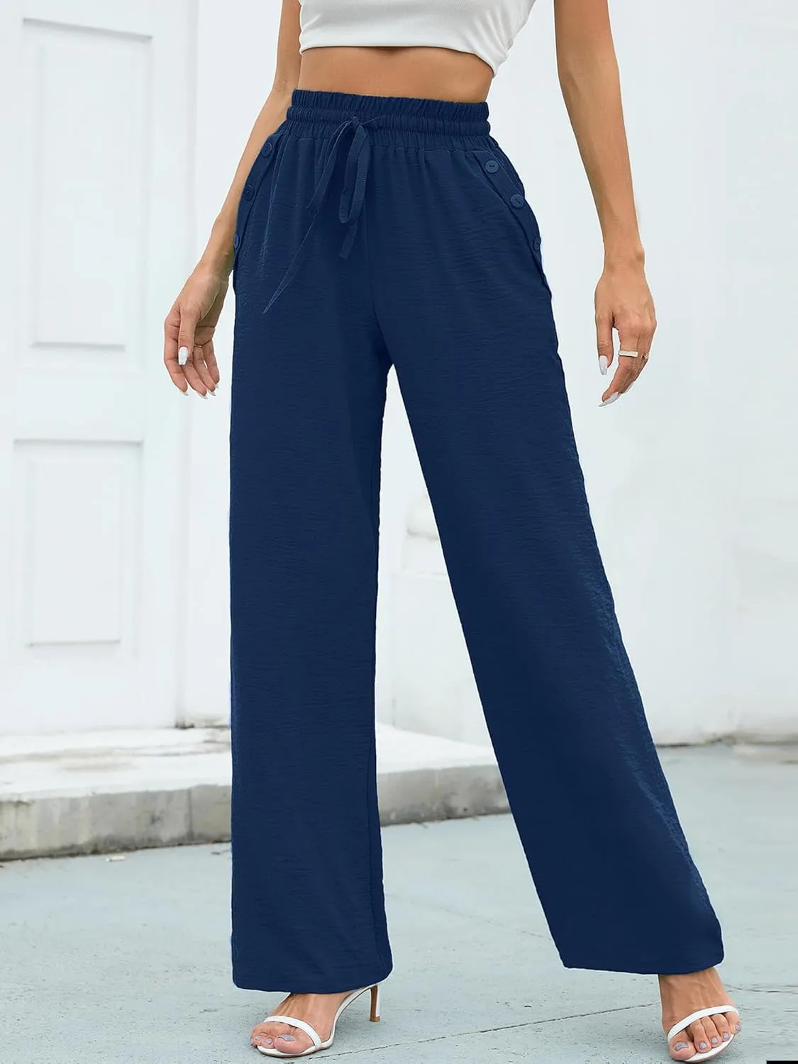 Heymoments Women's Wide Leg Lounge Pants Lightweight High Waisted Adjustable Tie Knot Loose Fit Trousers with Pockets