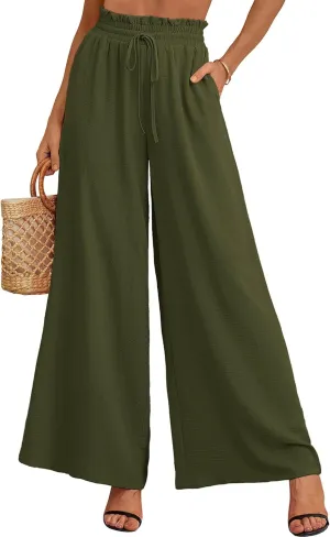 Heymoments Women's Wide Leg Lounge Pants Lightweight High Waisted Adjustable Tie Knot Loose Trousers with Pockets