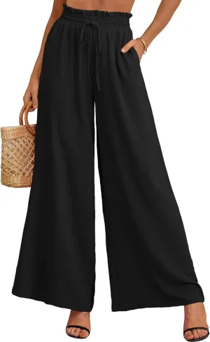 Heymoments Women's Wide Leg Lounge Pants Lightweight High Waisted Adjustable Tie Knot Loose Trousers with Pockets