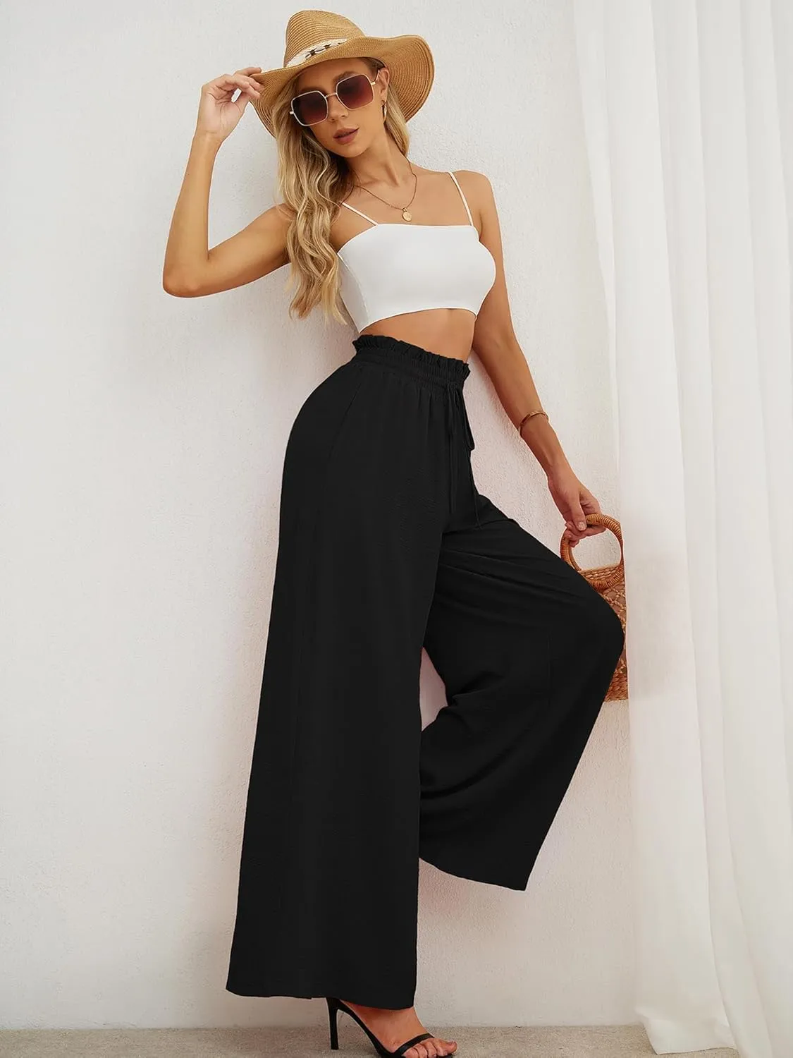 Heymoments Women's Wide Leg Lounge Pants Lightweight High Waisted Adjustable Tie Knot Loose Trousers with Pockets