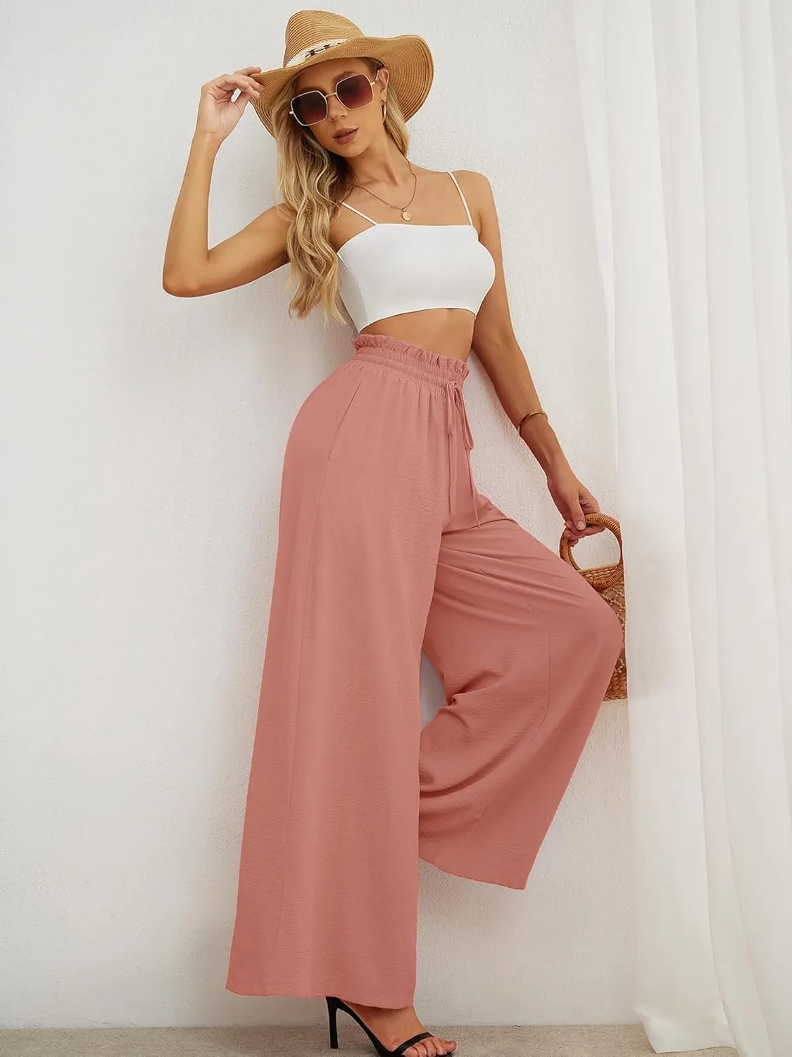 Heymoments Women's Wide Leg Lounge Pants Lightweight High Waisted Adjustable Tie Knot Loose Trousers with Pockets