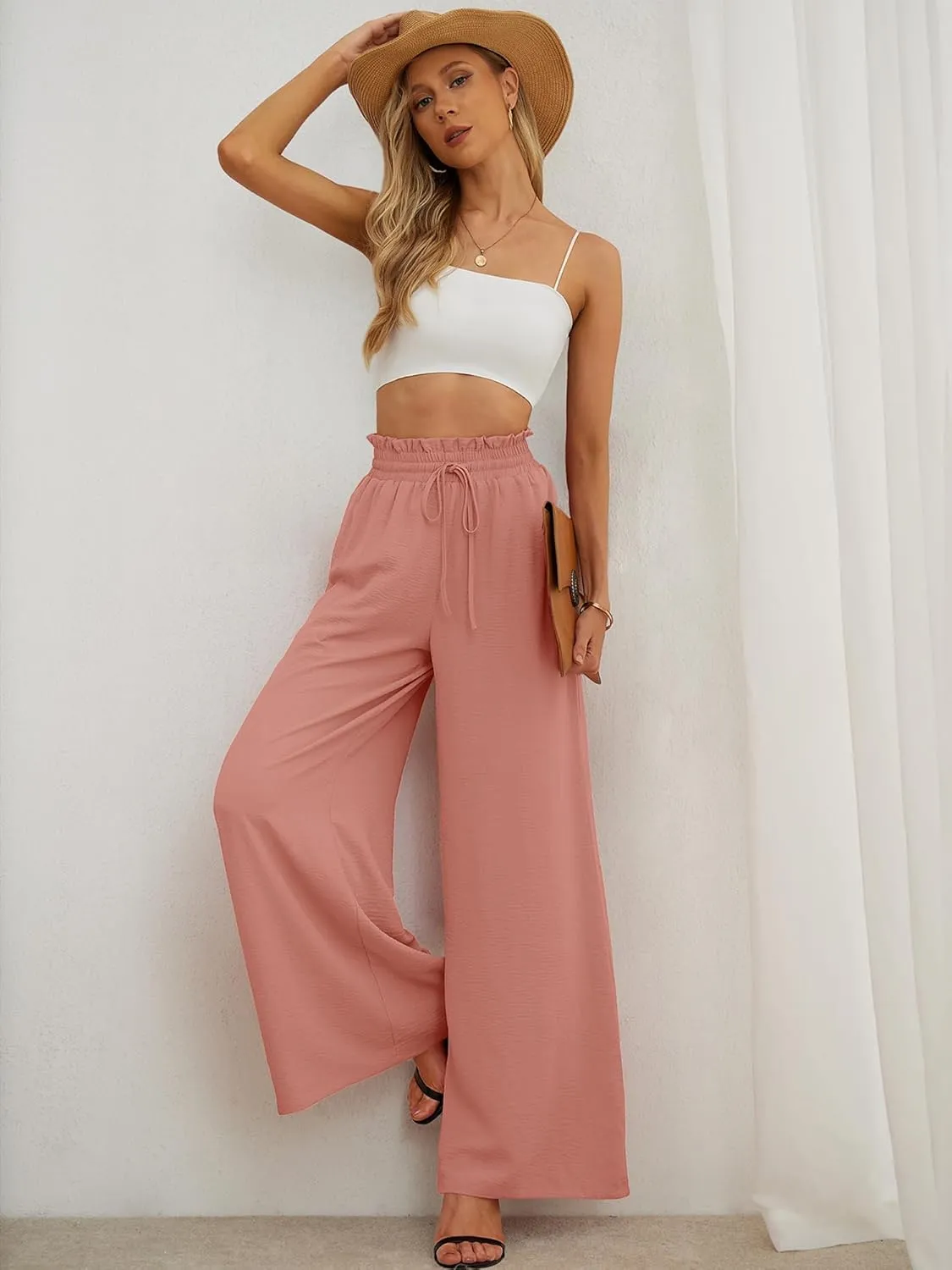 Heymoments Women's Wide Leg Lounge Pants Lightweight High Waisted Adjustable Tie Knot Loose Trousers with Pockets