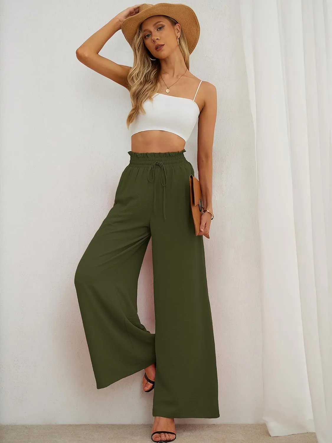 Heymoments Women's Wide Leg Lounge Pants Lightweight High Waisted Adjustable Tie Knot Loose Trousers with Pockets