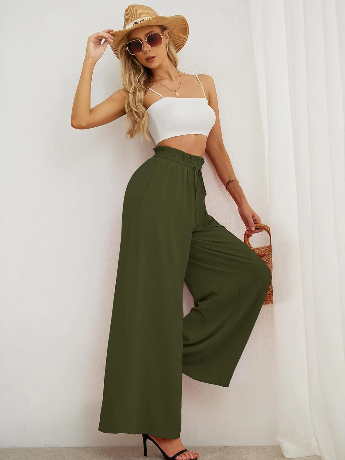 Heymoments Women's Wide Leg Lounge Pants Lightweight High Waisted Adjustable Tie Knot Loose Trousers with Pockets
