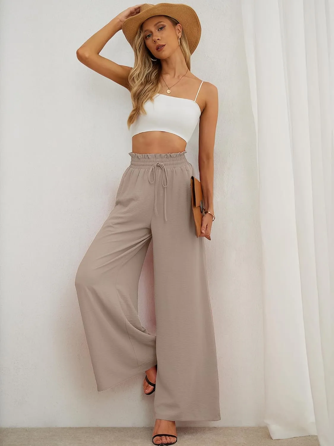 Heymoments Women's Wide Leg Lounge Pants Lightweight High Waisted Adjustable Tie Knot Loose Trousers with Pockets