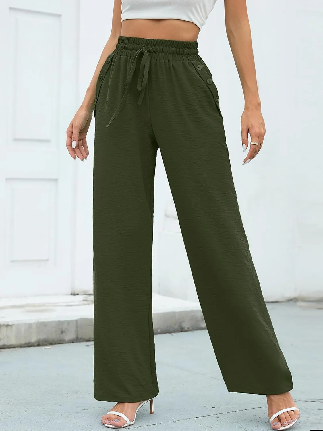 Heymoments Women's Wide Leg Lounge Pants with Pockets Lightweight High Waisted Palazzo Adjustable Tie Knot Flowy Trousers