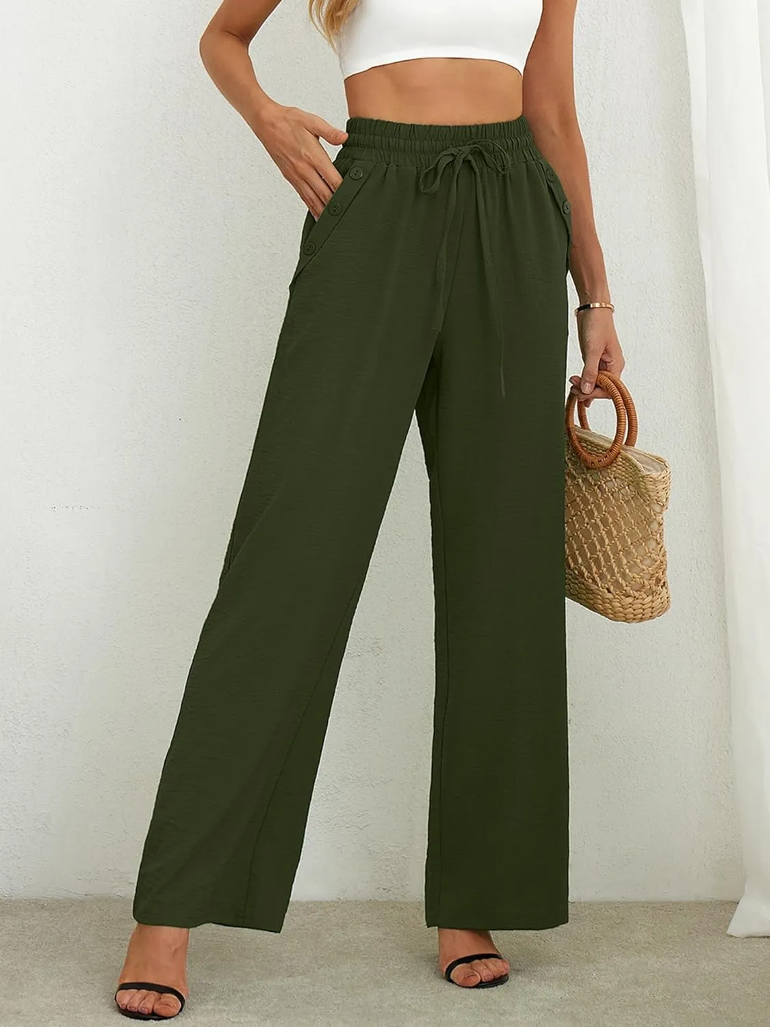 Heymoments Women's Wide Leg Lounge Pants with Pockets Lightweight High Waisted Palazzo Adjustable Tie Knot Flowy Trousers