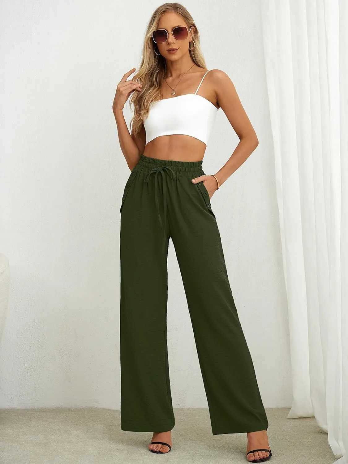 Heymoments Women's Wide Leg Lounge Pants with Pockets Lightweight High Waisted Palazzo Adjustable Tie Knot Flowy Trousers