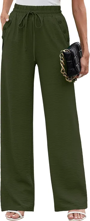 Heymoments Women's Wide Leg Lounge Pants with Pockets Lightweight High Waisted Palazzo Adjustable Tie Knot Flowy Trousers