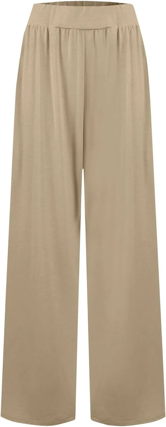 High Waisted Trousers Women Flowy Long Wide Leg Sweatpants Loose Fit Pleated Pull On Vacation Trousers with Pockets