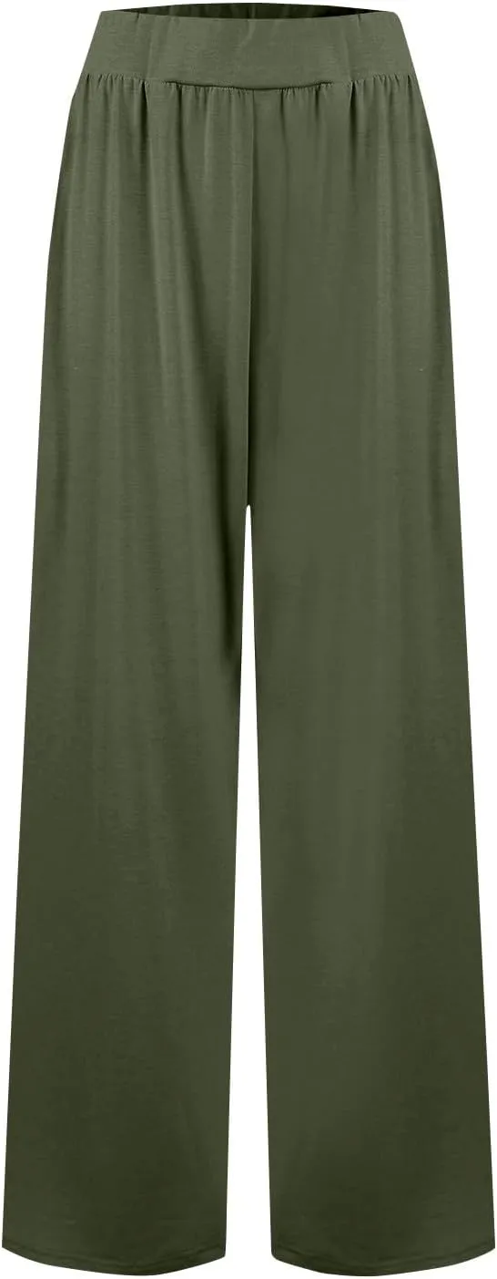 High Waisted Trousers Women Flowy Long Wide Leg Sweatpants Loose Fit Pleated Pull On Vacation Trousers with Pockets