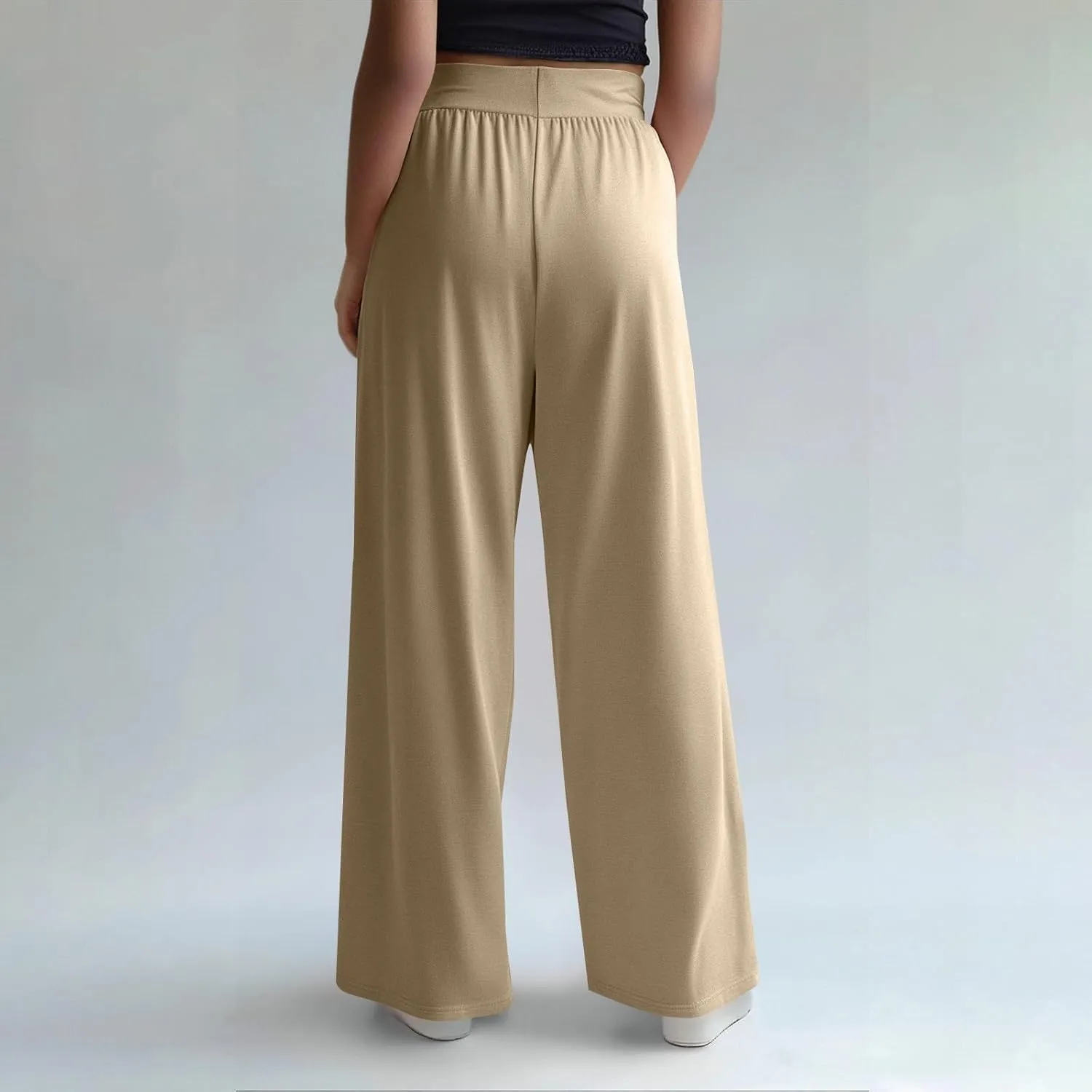 High Waisted Trousers Women Flowy Long Wide Leg Sweatpants Loose Fit Pleated Pull On Vacation Trousers with Pockets