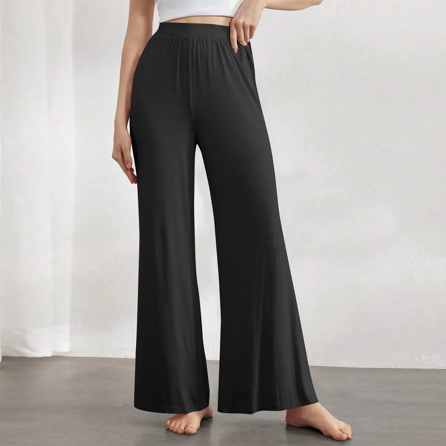 High Waisted Trousers Women Flowy Long Wide Leg Sweatpants Loose Fit Pleated Pull On Vacation Trousers with Pockets