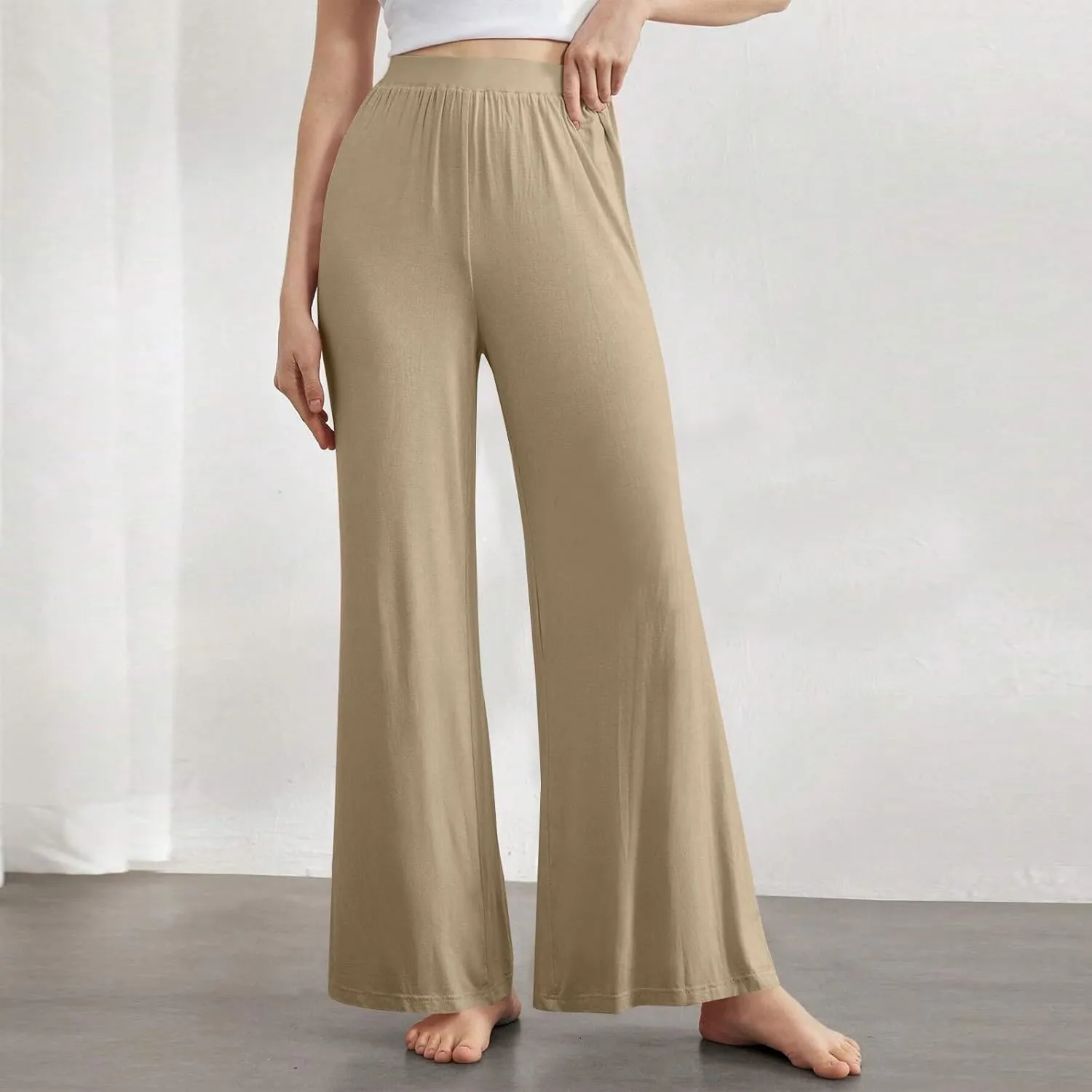 High Waisted Trousers Women Flowy Long Wide Leg Sweatpants Loose Fit Pleated Pull On Vacation Trousers with Pockets