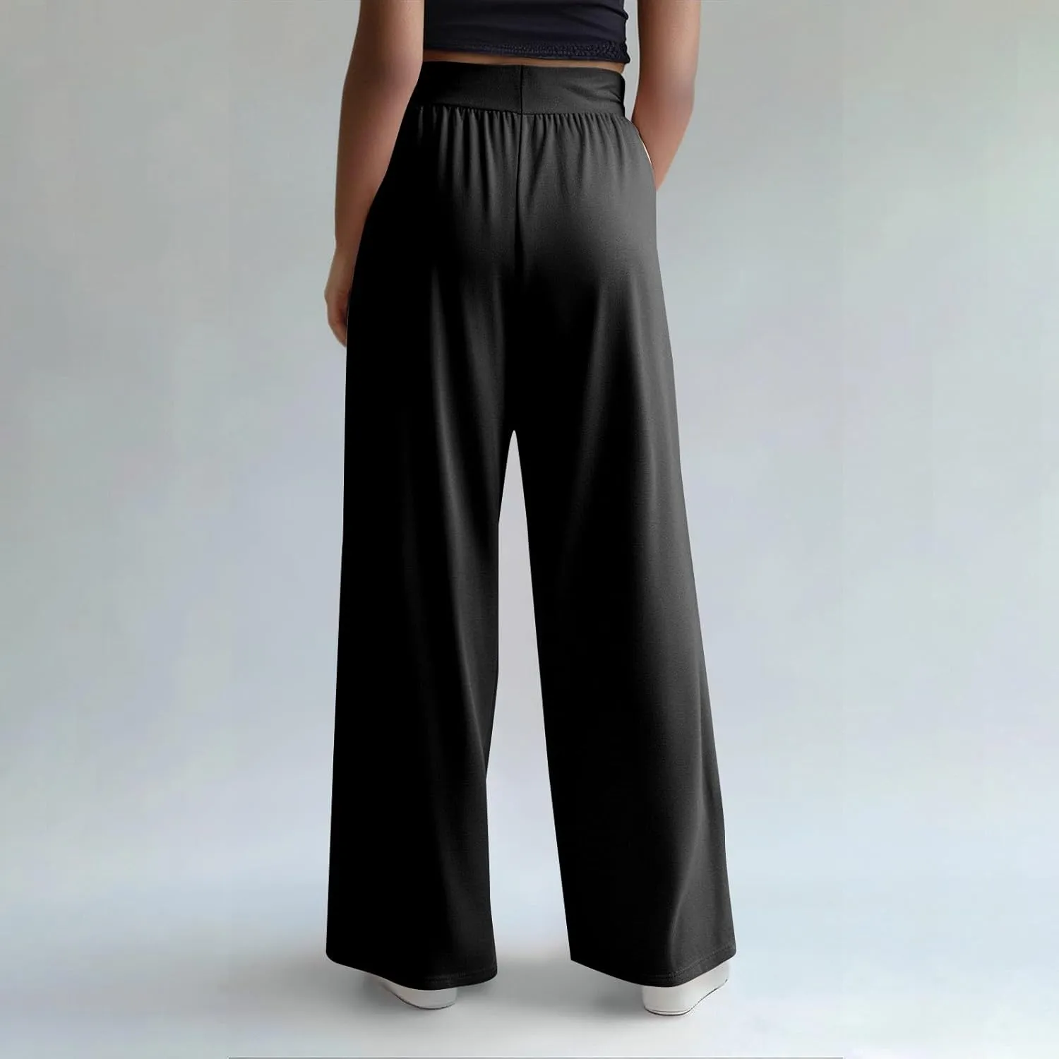 High Waisted Trousers Women Flowy Long Wide Leg Sweatpants Loose Fit Pleated Pull On Vacation Trousers with Pockets