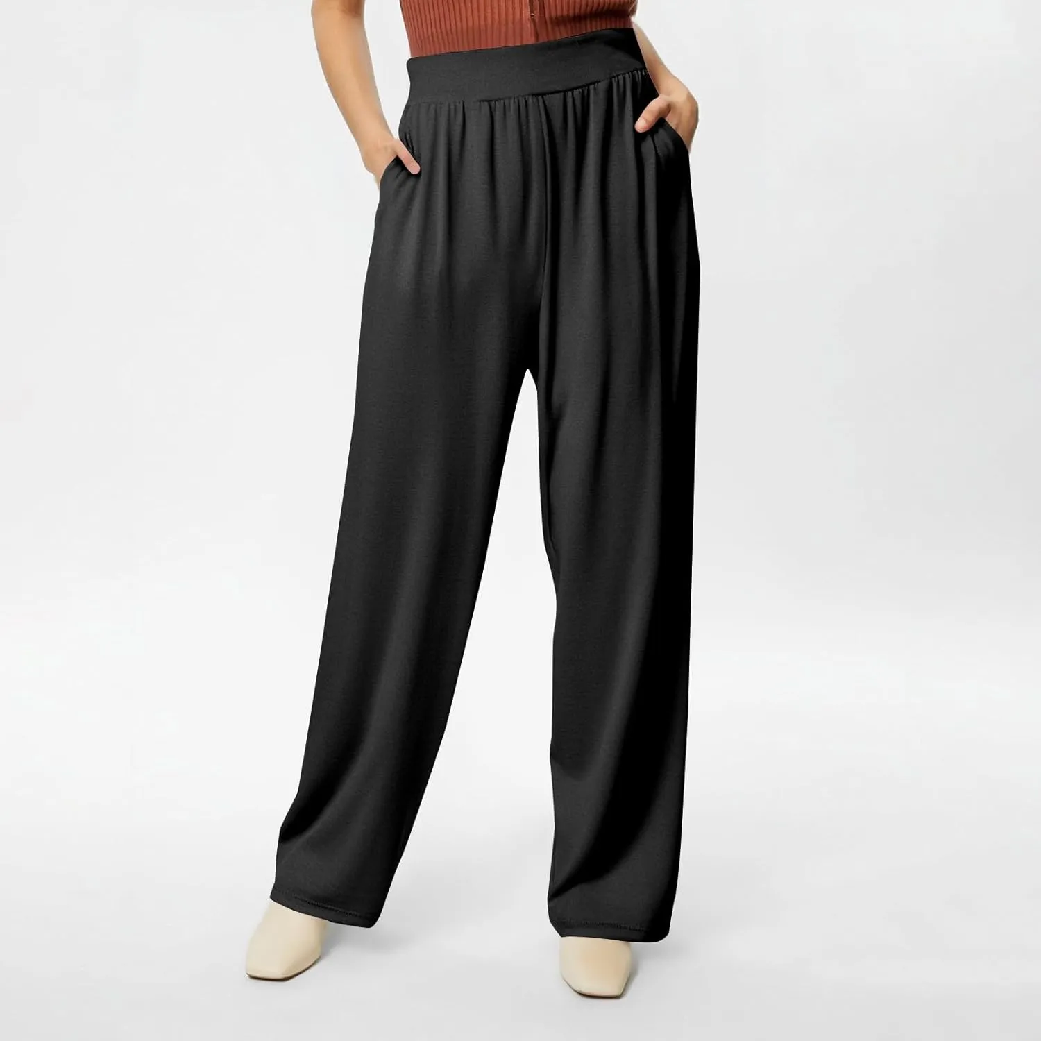 High Waisted Trousers Women Flowy Long Wide Leg Sweatpants Loose Fit Pleated Pull On Vacation Trousers with Pockets