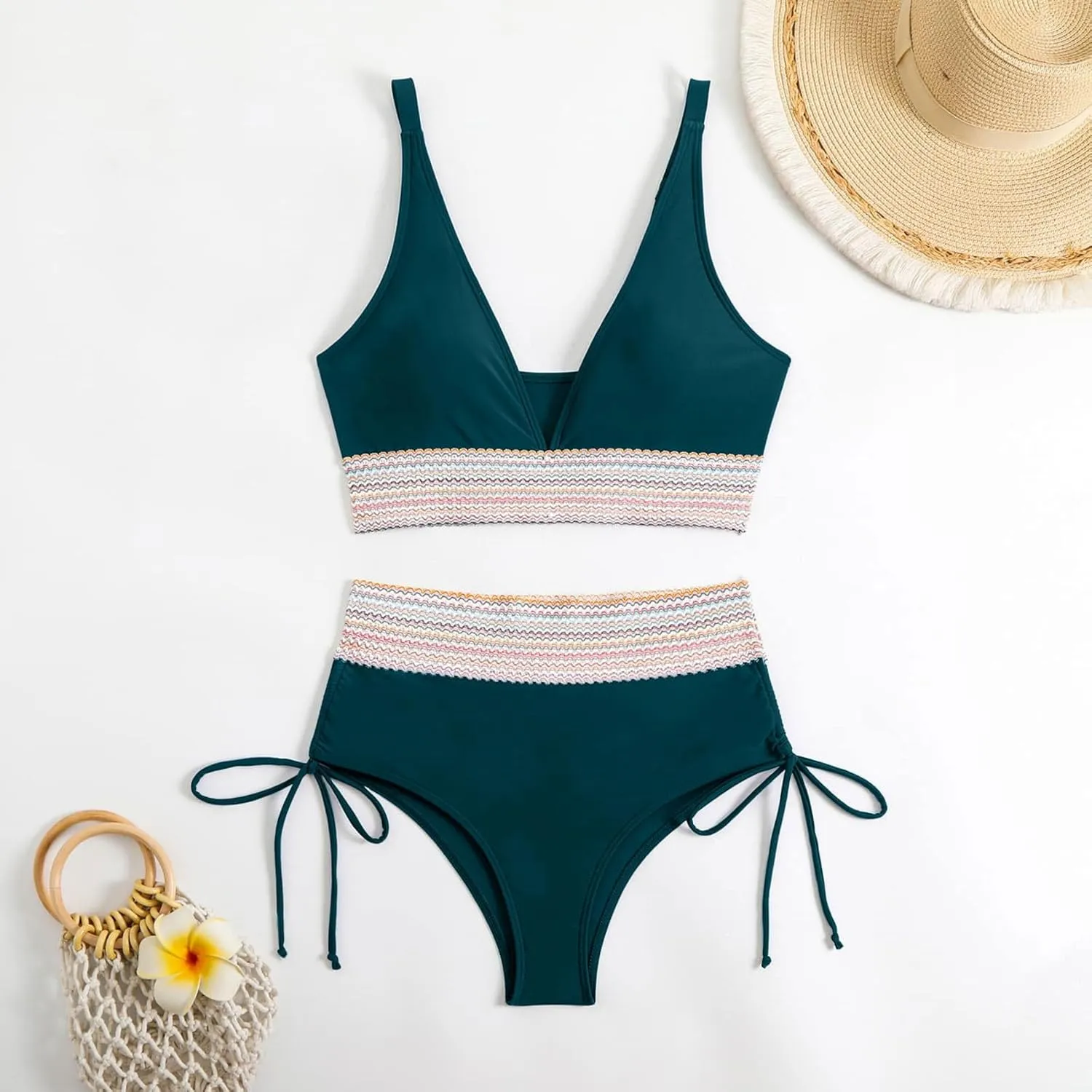 hlysgo High Waisted Bikini Sets for Women Tummy Control Sexy Push Up Swimsuits Color Block Two Piece Drawstring Bathing Suit