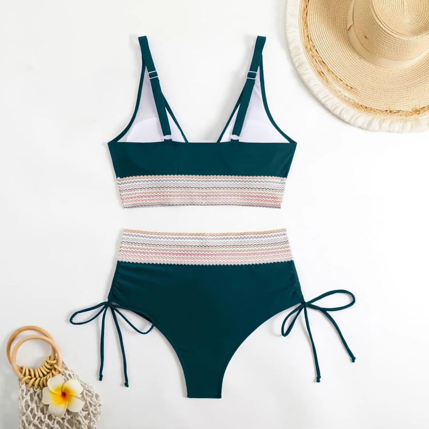 hlysgo High Waisted Bikini Sets for Women Tummy Control Sexy Push Up Swimsuits Color Block Two Piece Drawstring Bathing Suit