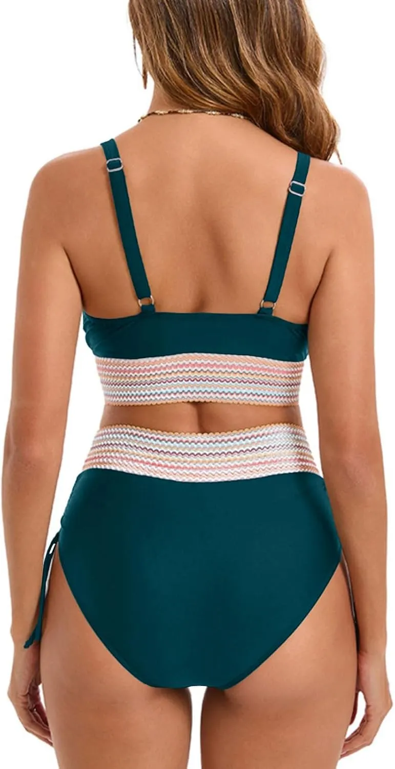 hlysgo High Waisted Bikini Sets for Women Tummy Control Sexy Push Up Swimsuits Color Block Two Piece Drawstring Bathing Suit