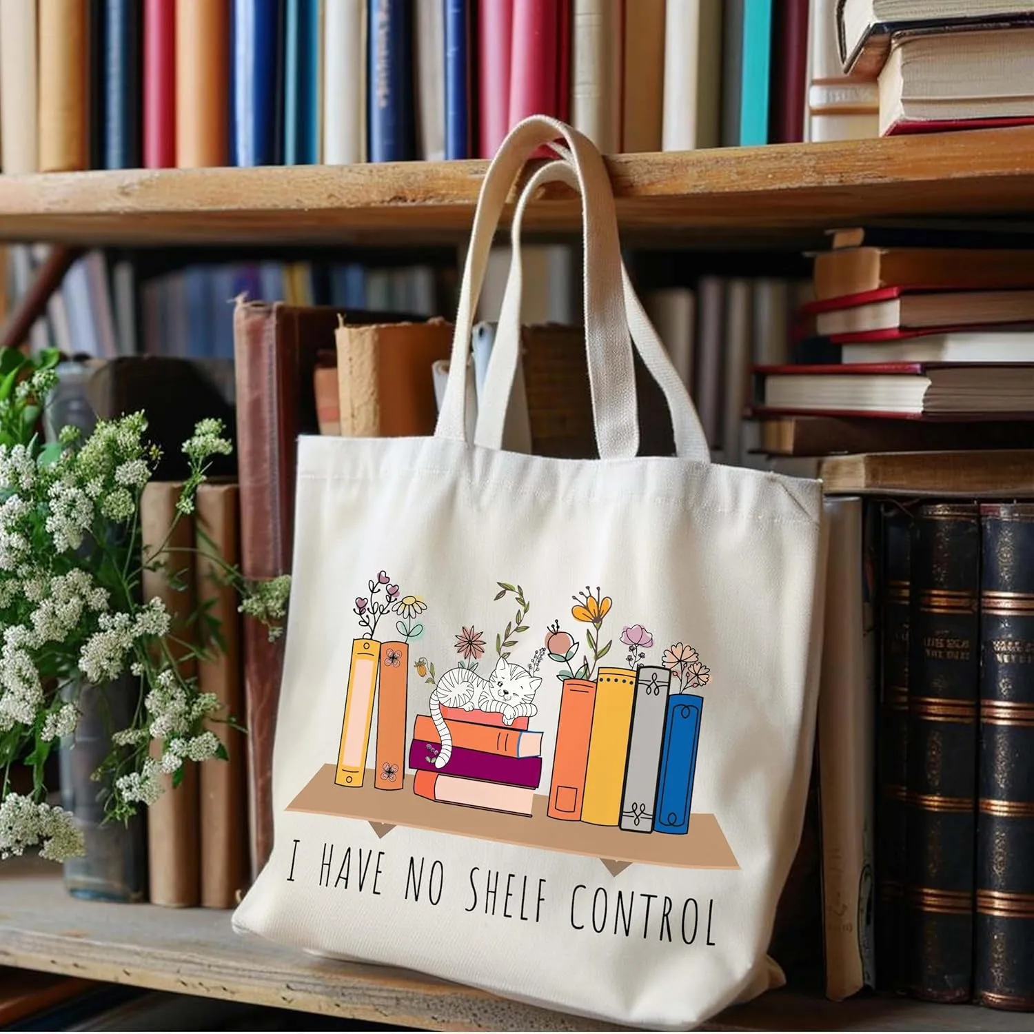 I Have No Shelf Control Canvas Book Tote Bag Aesthetic, Reusable Grocery Shopping Bags, Book Lovers Birthday Library Book Bag Gifts for Readers (A18)