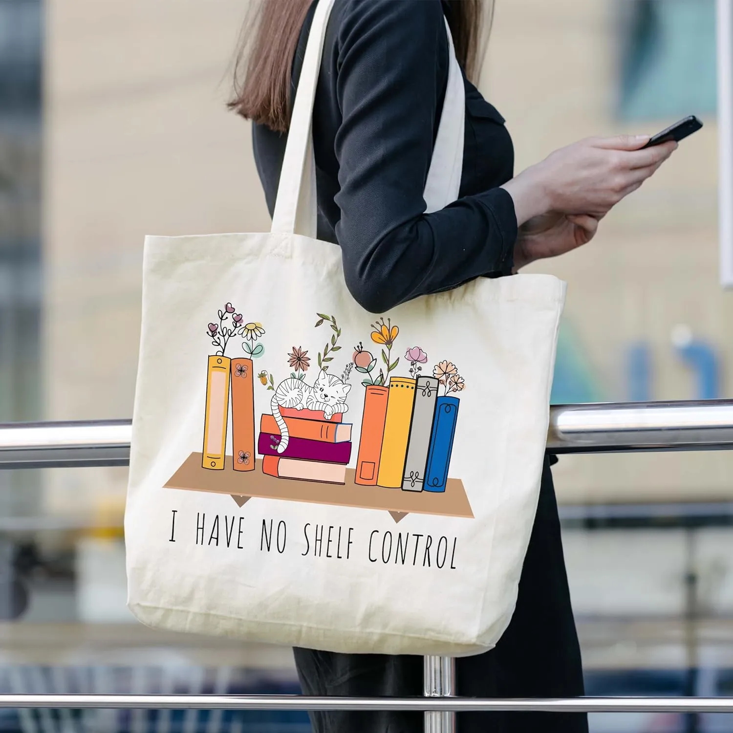I Have No Shelf Control Canvas Book Tote Bag Aesthetic, Reusable Grocery Shopping Bags, Book Lovers Birthday Library Book Bag Gifts for Readers (A18)