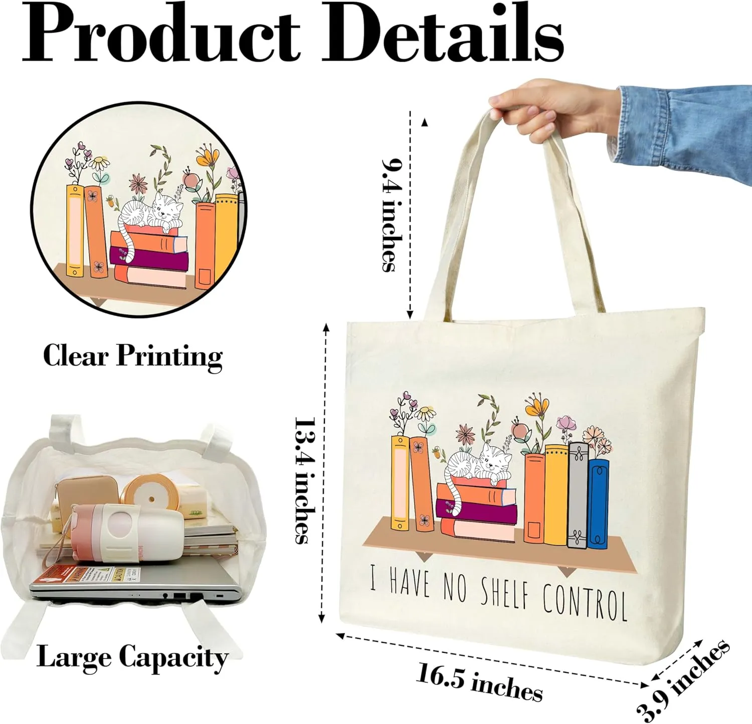 I Have No Shelf Control Canvas Book Tote Bag Aesthetic, Reusable Grocery Shopping Bags, Book Lovers Birthday Library Book Bag Gifts for Readers (A18)