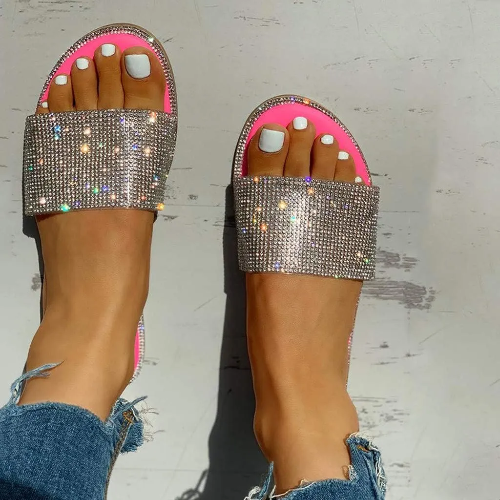 Indoor Outdoor Beach Sandals Women's Flat Shoes Crystal Casual Slippers Women's Slipper Furry Slide Sandals