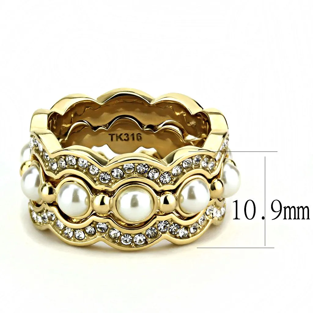 IP Gold(Ion Plating) Stainless Steel Ring with Synthetic Pearl in White for Women Style TK3520
