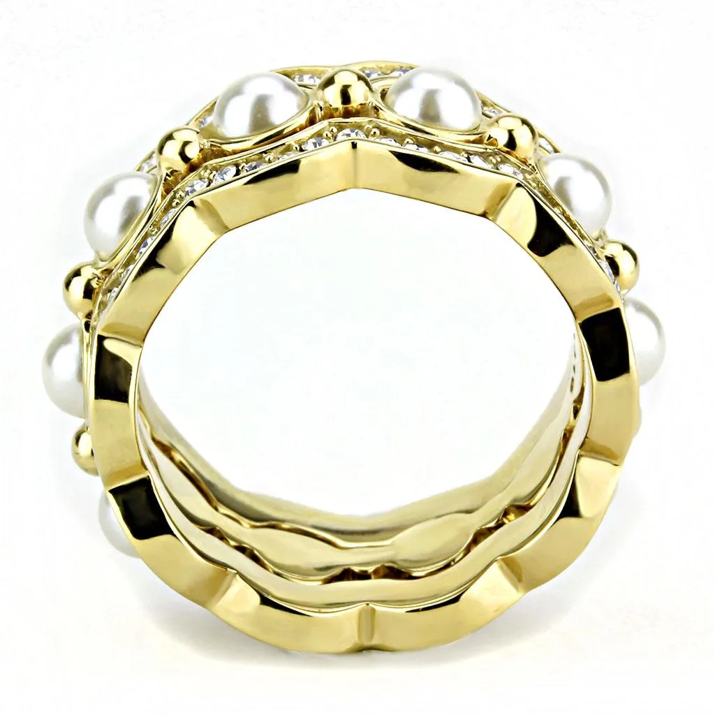 IP Gold(Ion Plating) Stainless Steel Ring with Synthetic Pearl in White for Women Style TK3520