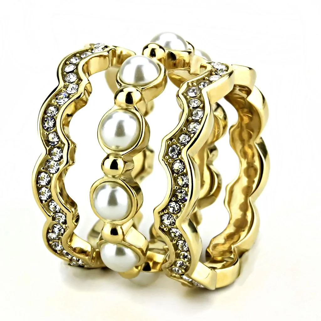 IP Gold(Ion Plating) Stainless Steel Ring with Synthetic Pearl in White for Women Style TK3520
