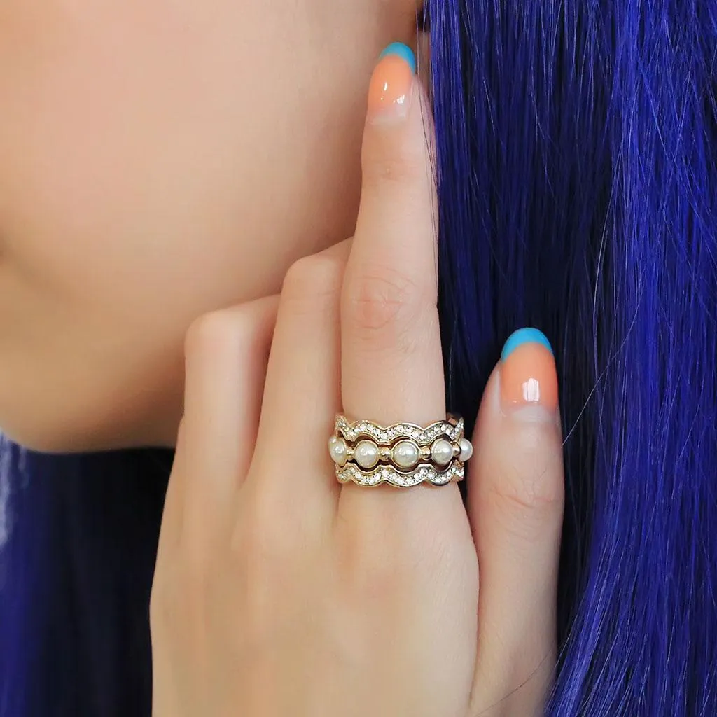 IP Gold(Ion Plating) Stainless Steel Ring with Synthetic Pearl in White for Women Style TK3520
