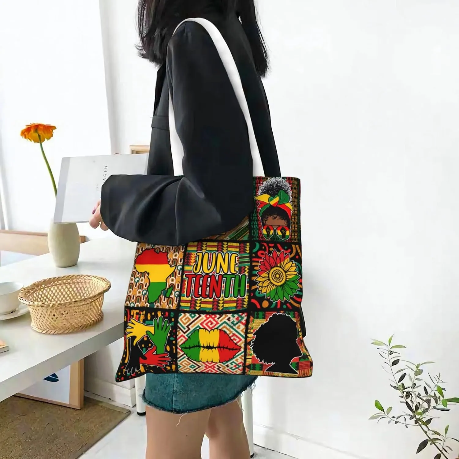 Juneteenth Black Month Lip Kiss Sunflower Tote Bag Reusable Shoulder Tote Bag For Women Lady Vacation, Shopping, Work