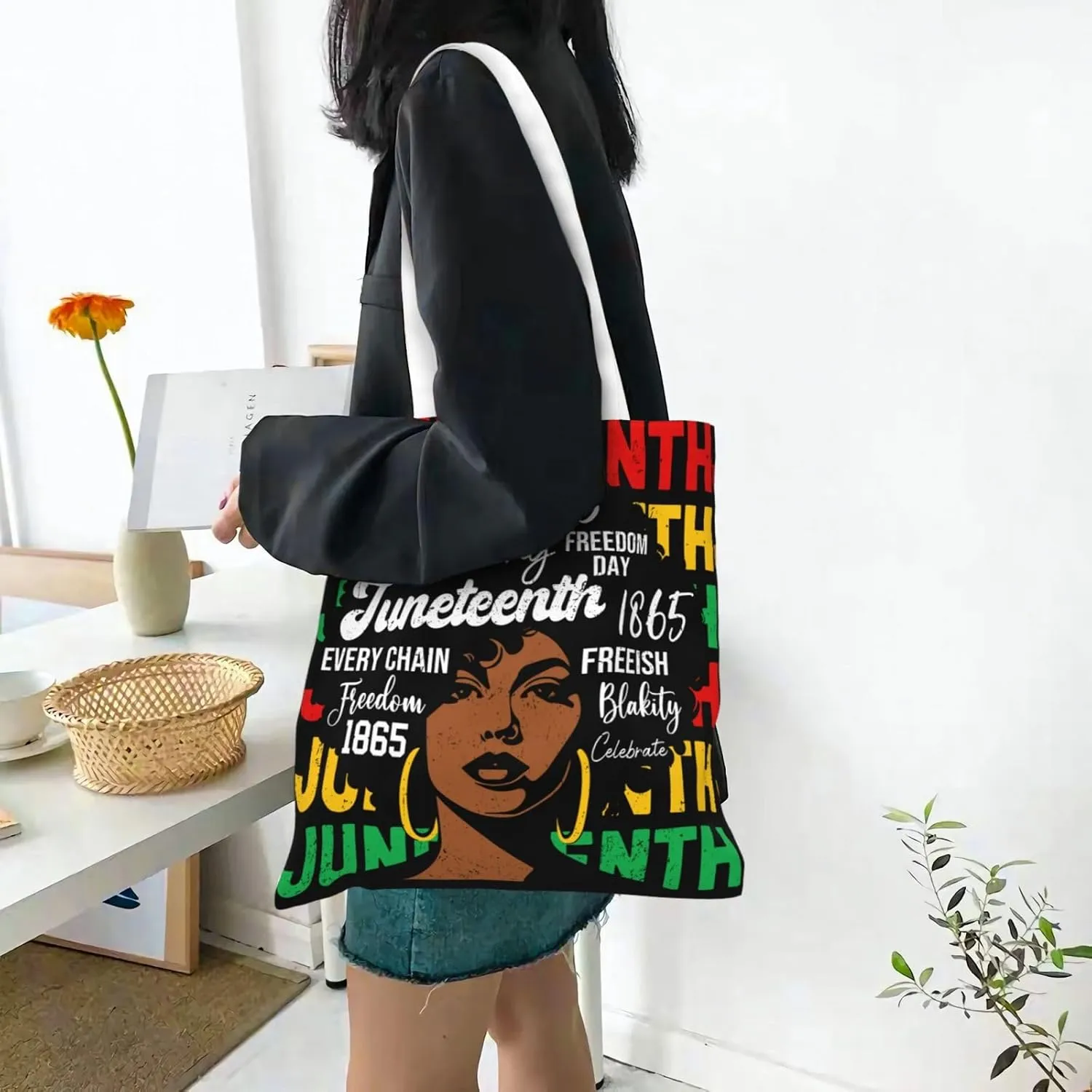 Juneteenth Black Month Lip Kiss Sunflower Tote Bag Reusable Shoulder Tote Bag For Women Lady Vacation, Shopping, Work