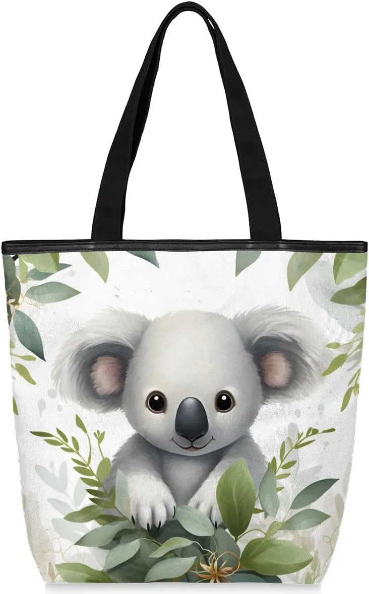 Koala Leaf Canvas Tote Bag with Zipper and Pockets Canvas Tote Shopping Bag Women Reusable Grocery Bag for Beach Travel Gym Shopping