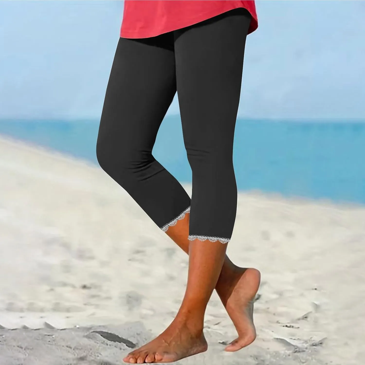 Lace Cropped Trousers Women Capri Leggings 3/4 Length Stretch Pants Summer High Waisted Sweatpants Cropped Trouser