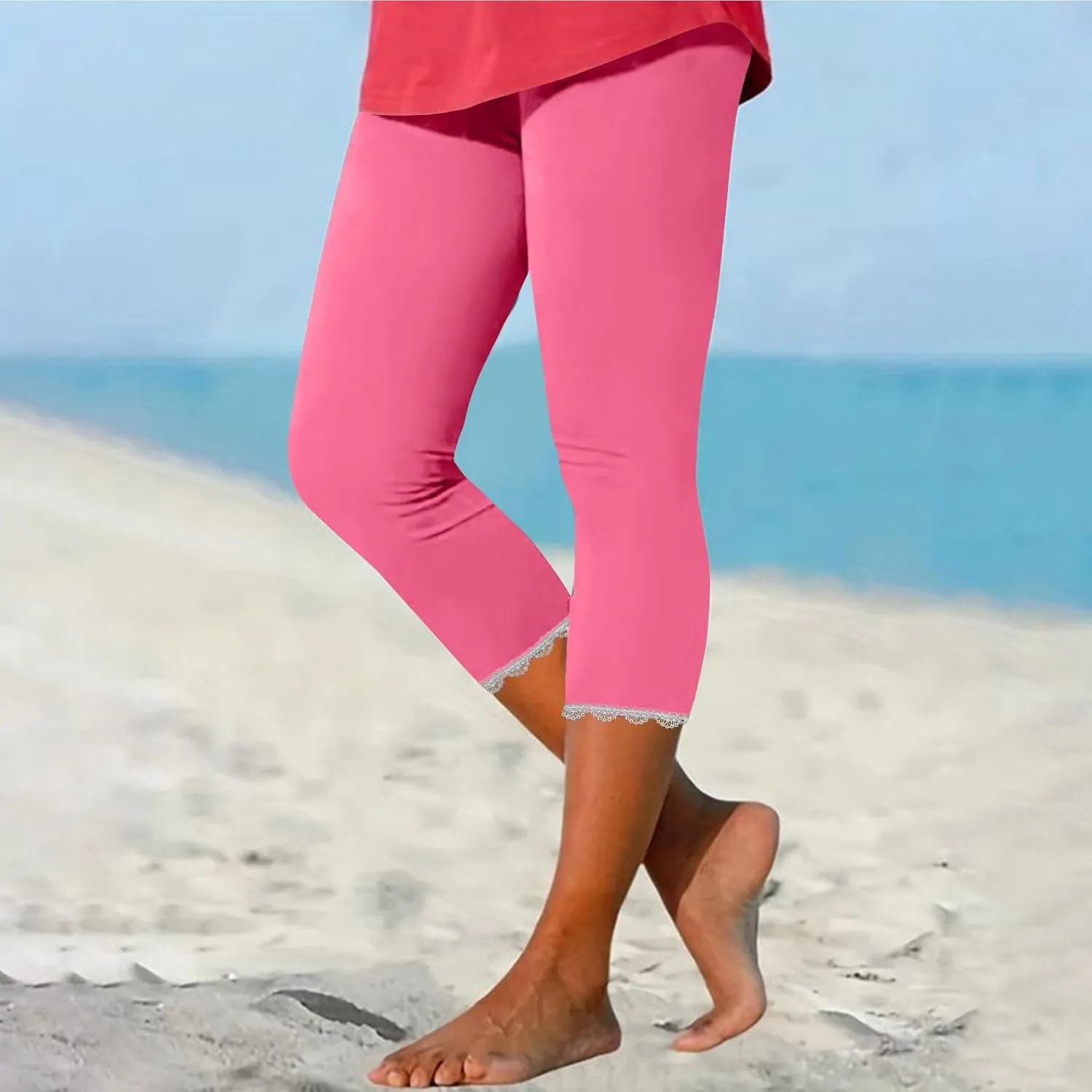 Lace Cropped Trousers Women Capri Leggings 3/4 Length Stretch Pants Summer High Waisted Sweatpants Cropped Trouser