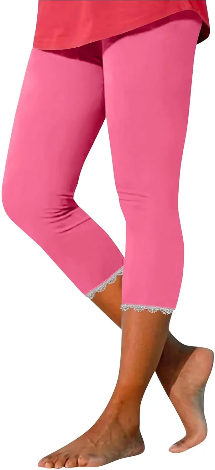Lace Cropped Trousers Women Capri Leggings 3/4 Length Stretch Pants Summer High Waisted Sweatpants Cropped Trouser
