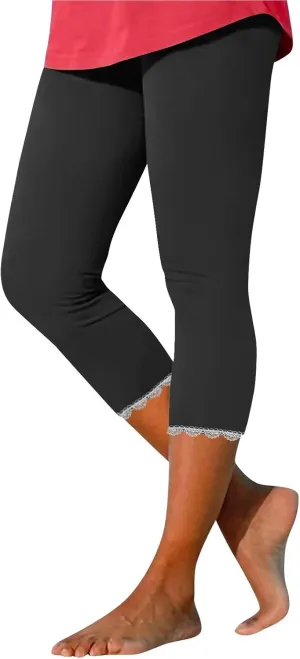 Lace Cropped Trousers Women Capri Leggings 3/4 Length Stretch Pants Summer High Waisted Sweatpants Cropped Trouser
