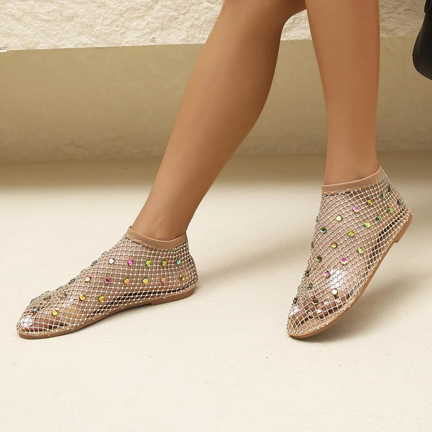 Ladies Breathable Hollow Mesh Breathable Rhinestone Decoration Flat Large Size Casual Womens Casual Shoes