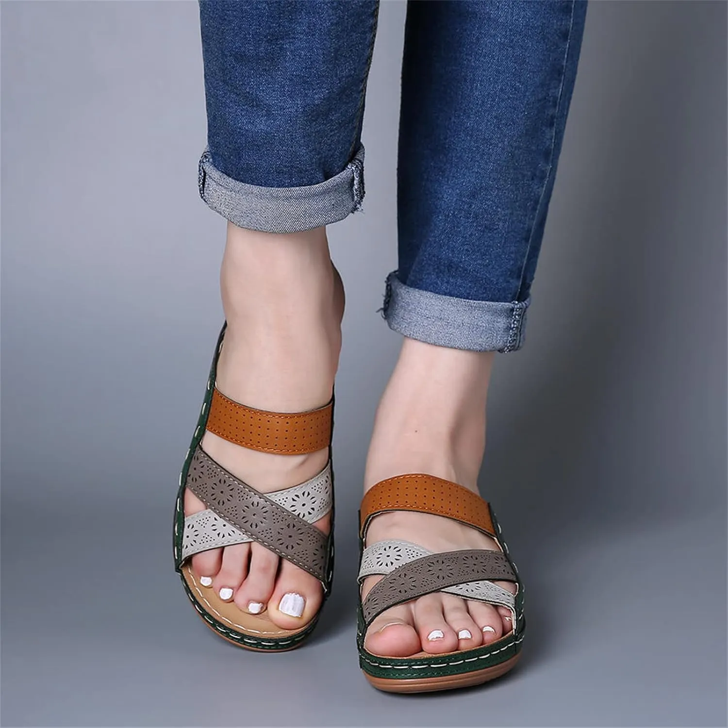 Ladmiple Fashion Sandals Women Dressy Summer Flat Orthotic Slides Comfortable Walking Orthopedic Flip Flops with Arch Support