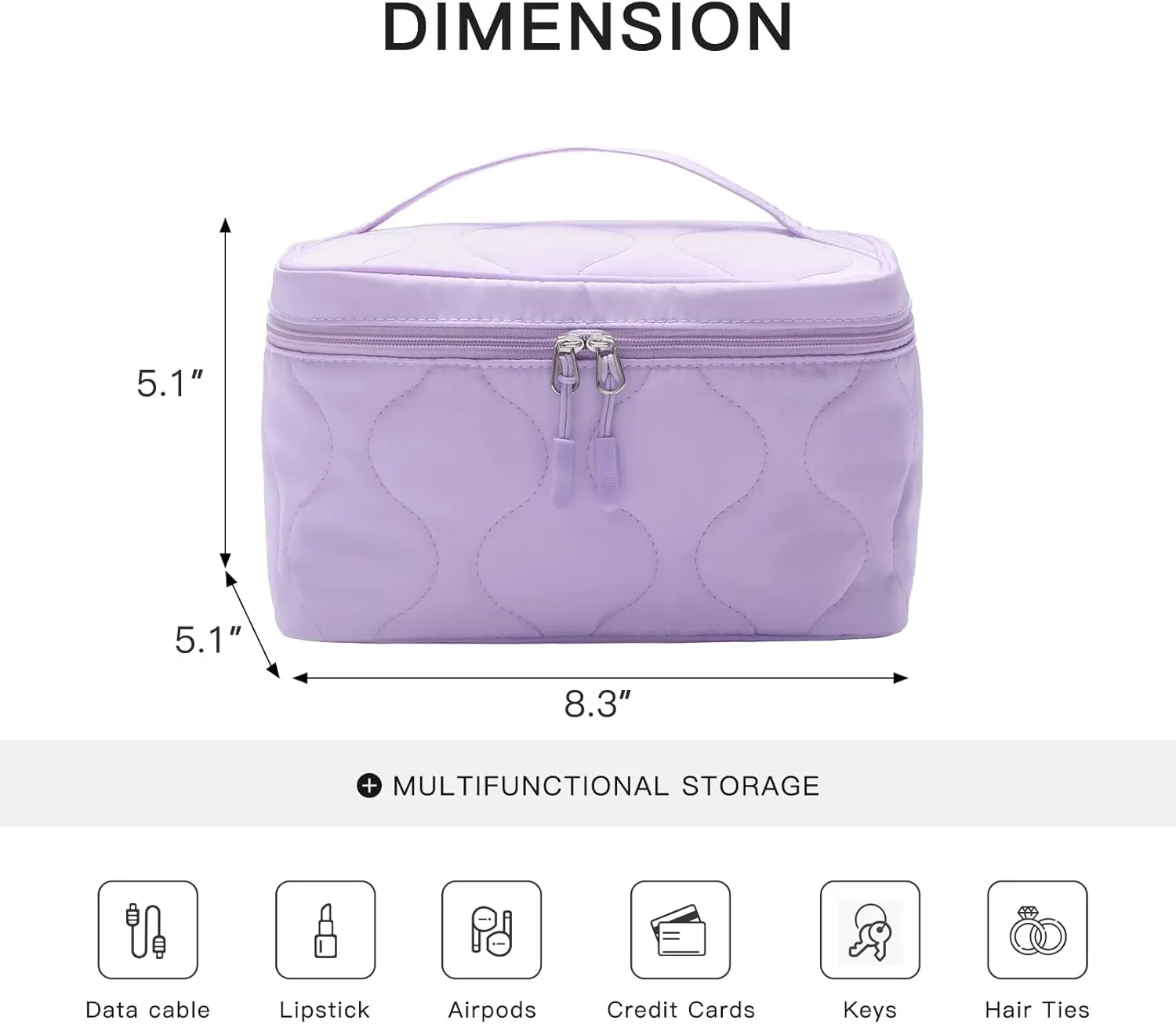 Large Capacity Makeup Bag with Brush Holder,Quilted Cosmetic Bag for Girls, Travel Organizer Bag for Accessories Purple