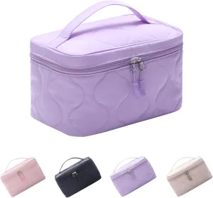 Large Capacity Makeup Bag with Brush Holder,Quilted Cosmetic Bag for Girls, Travel Organizer Bag for Accessories Purple