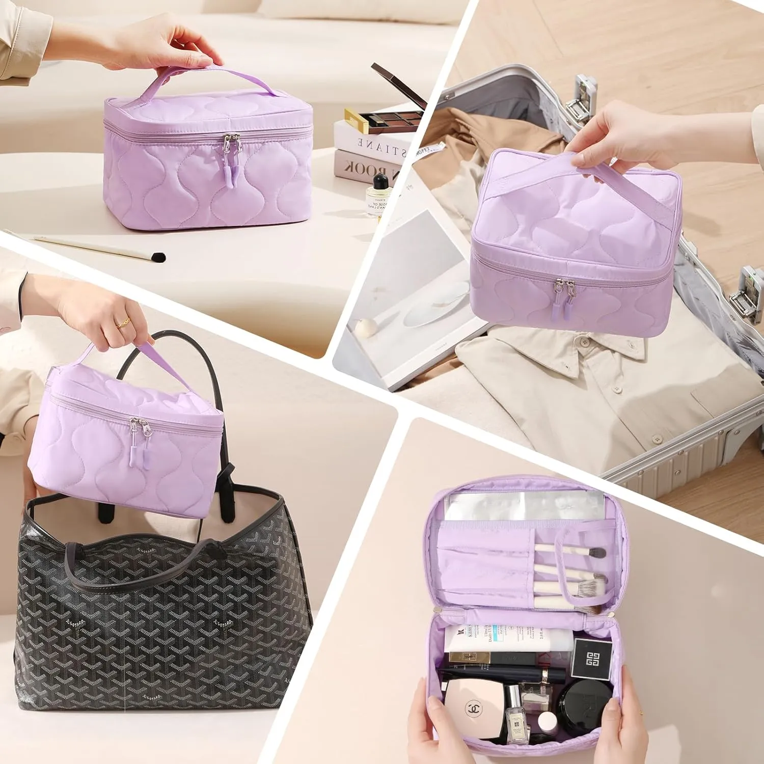 Large Capacity Makeup Bag with Brush Holder,Quilted Cosmetic Bag for Girls, Travel Organizer Bag for Accessories Purple