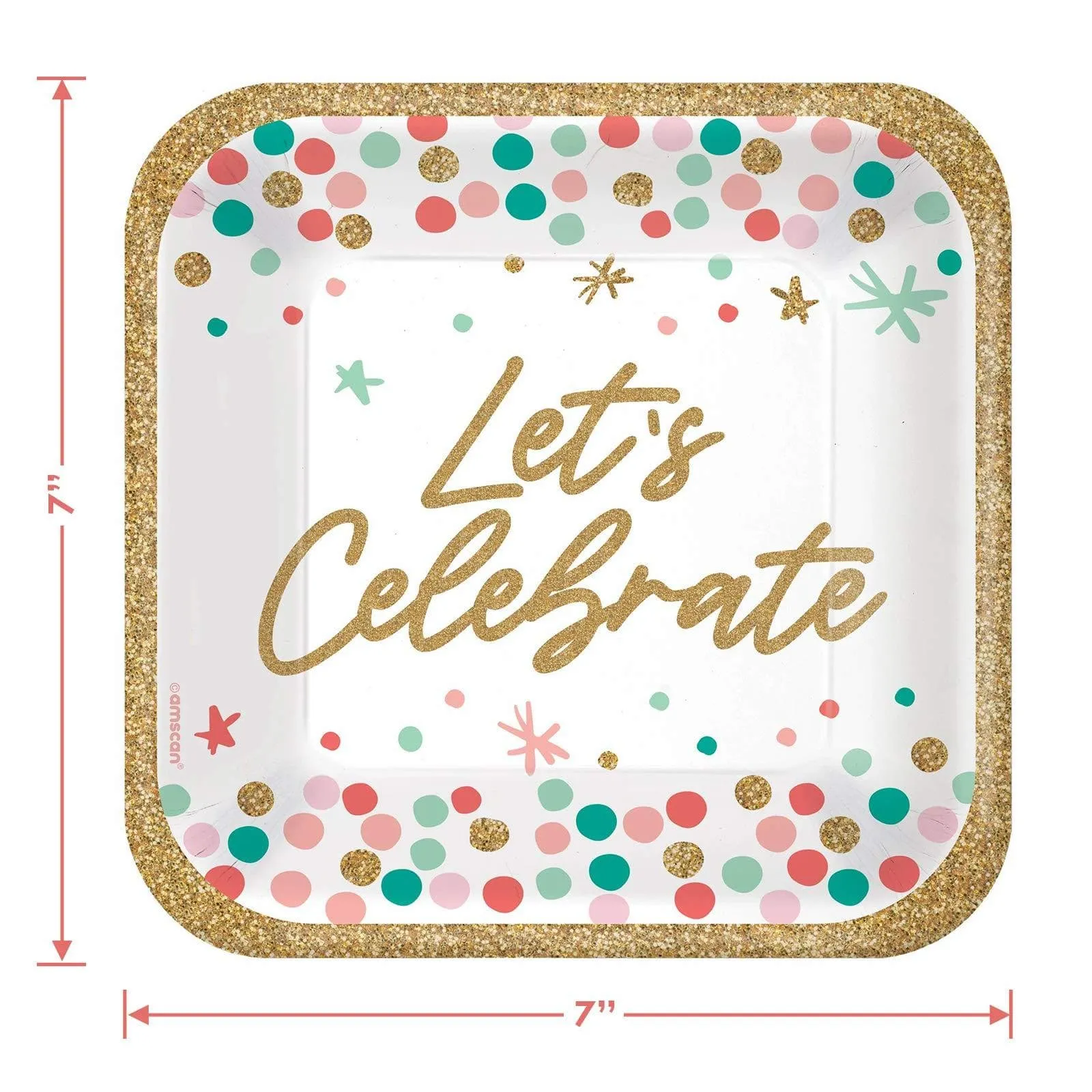 Let's Celebrate Confetti Gold Trim Square Paper Dessert Plates and Let's Eat Cake Beverage Napkins (Serves 16)
