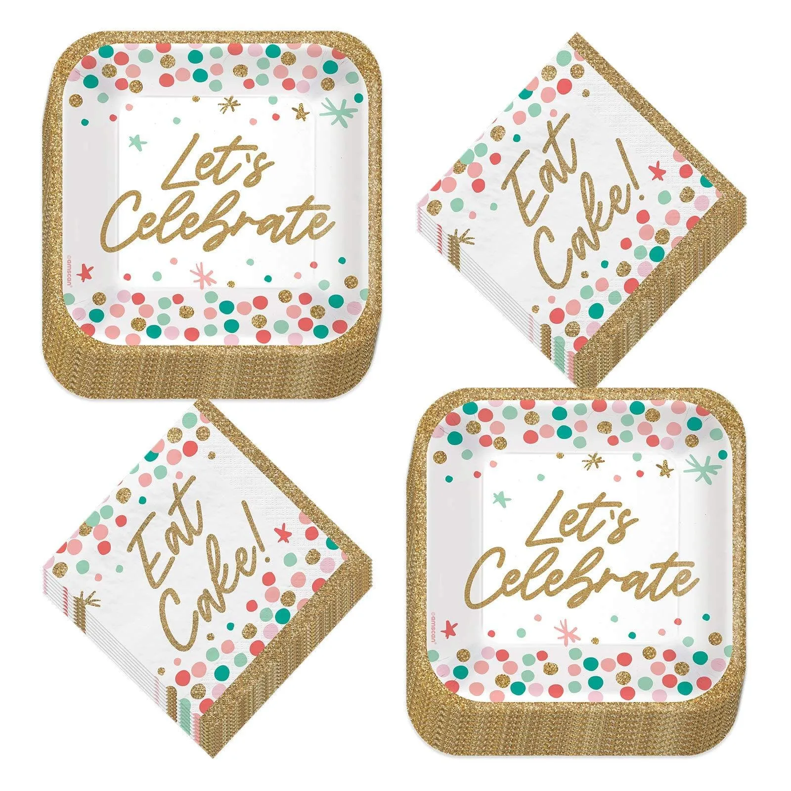 Let's Celebrate Confetti Gold Trim Square Paper Dessert Plates and Let's Eat Cake Beverage Napkins (Serves 16)