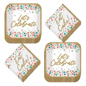 Let's Celebrate Confetti Gold Trim Square Paper Dessert Plates and Let's Eat Cake Beverage Napkins (Serves 16)